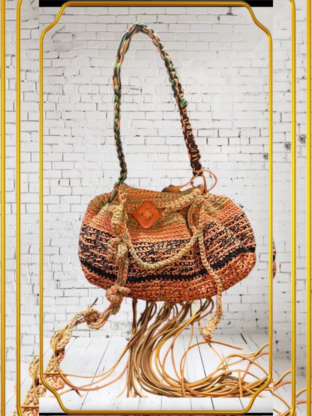 Crochet Orange & Brown Fringe Shoulder Bag